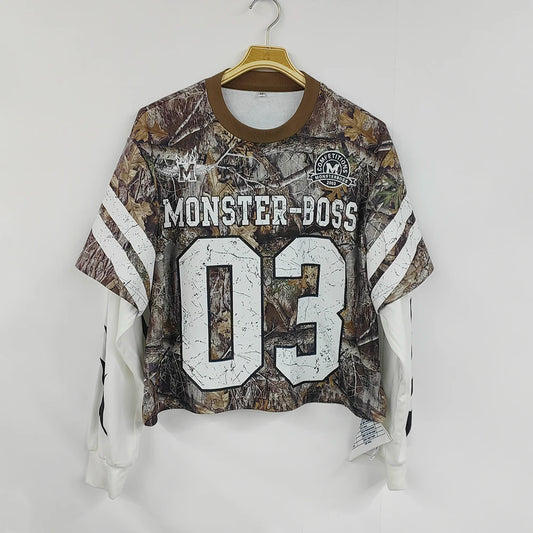 Custom Screen Printing Camo Graphic Tshirts Heavyweight Cotton Men Double Layer Long Sleeve T Shirt