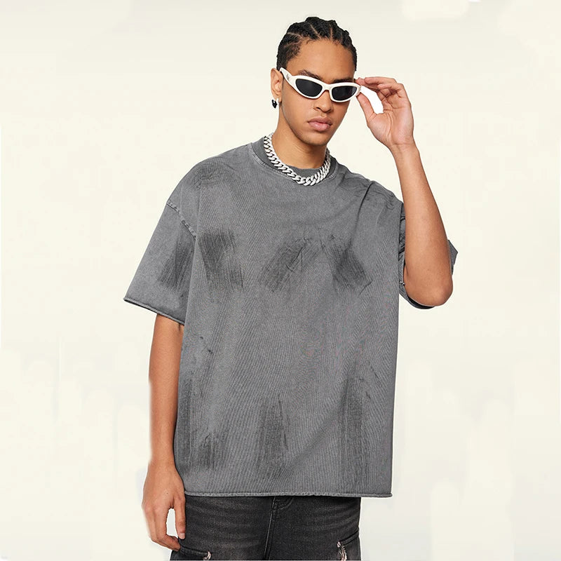 Huili Manufacturer Heavyweight Painted Color Acid Washed Hip Hop Raw Hem Round Neck Oversize Cotton T-Shirt