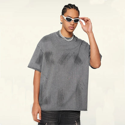 Manufacturer Heavyweight Painted Color Acid Washed Hip Hop Raw Hem Round Neck Oversize Cotton T-Shirt