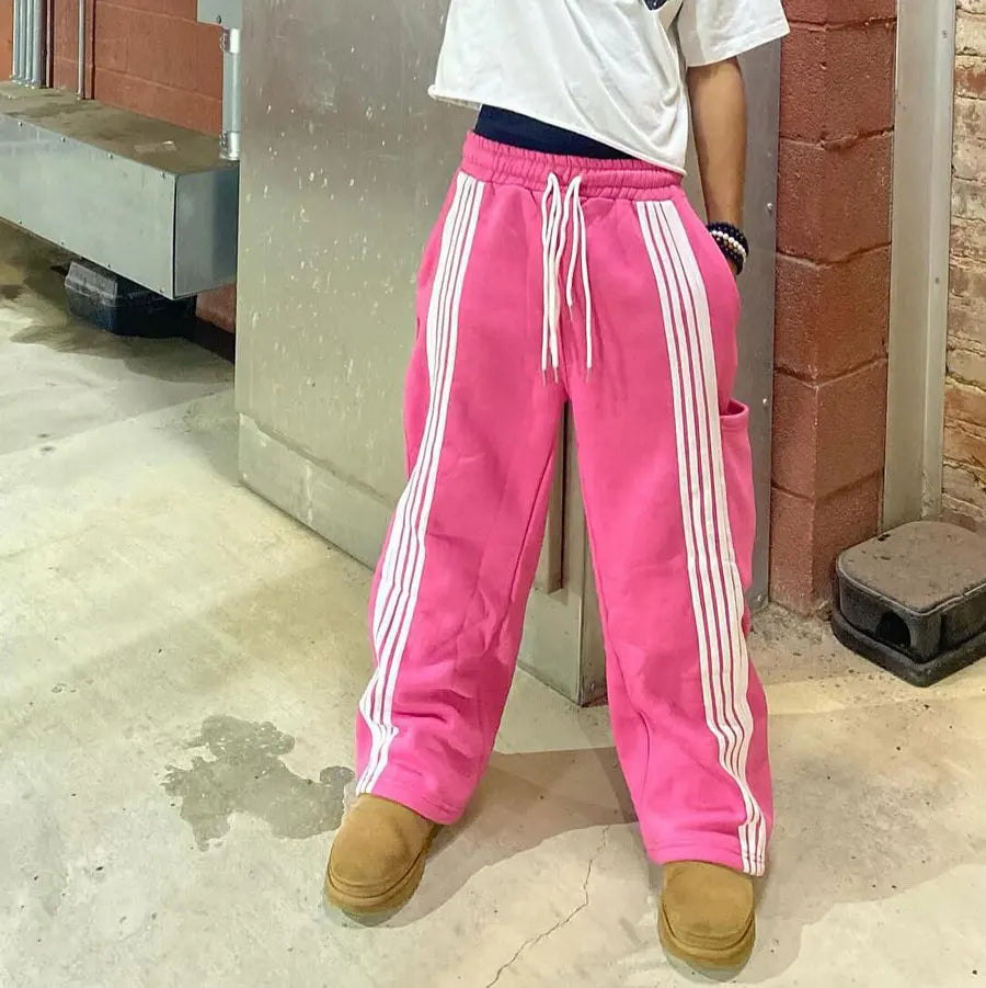 Huilin New Design Striped Side Split Bottom Track Sweat Pants Custom 100% Cotton Men Straight Wide Leg Double Waist Sweatpants