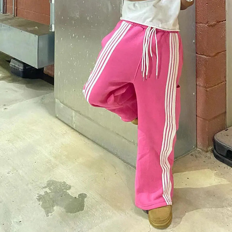 Factory Hot Selling Heavyweight Cotton Drawstring Waist Wide Leg Sweatpants Men Baggy Oversized Striped Side Sweat Pants