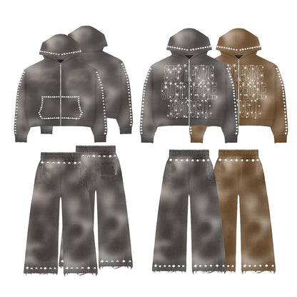 Huilin Custom Herren Streetwear Zweiteilige Sets Kapuzenpullover Jogginghose Dicke Baumwolle Vintage Washed Herren Strass Trainingsanzüge Sweatsuits 