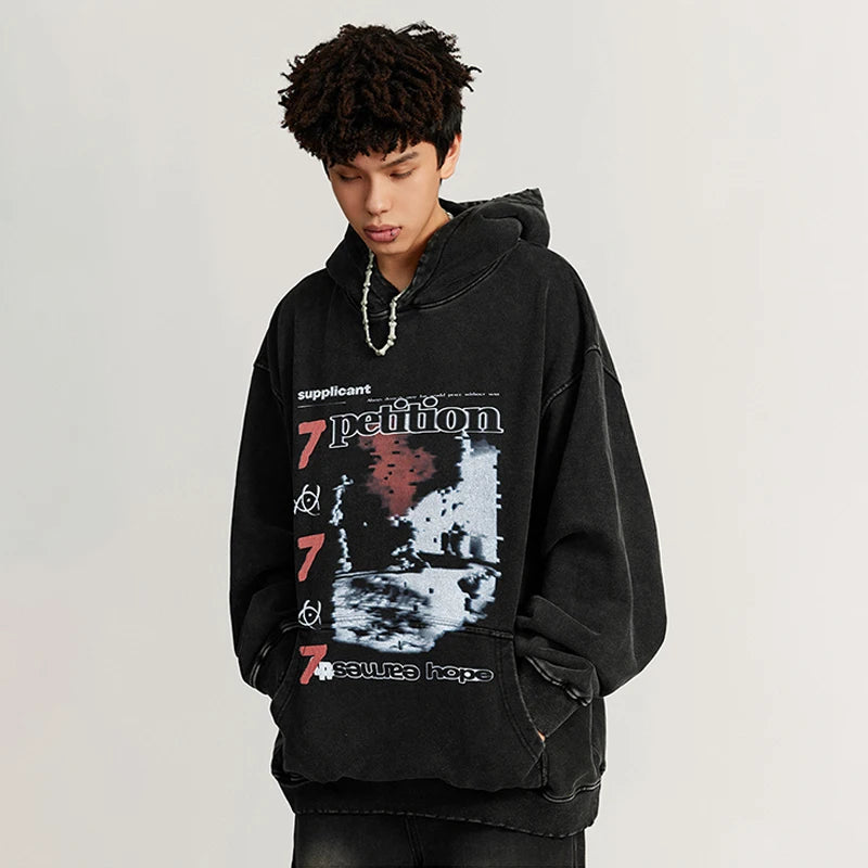 Huili Wholesale Customizable 420 Gsm Heavy Weight Unisex Bulk Men Pattern Dgt Print Vintage Streetwear Hoodie