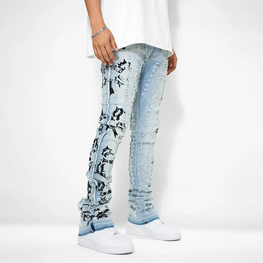 High Quality Customized Skinny Jeans Frayed Raw Edges Alphabet Embroidery Stacked Jeans Men