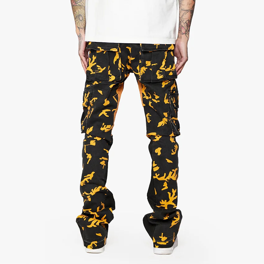 Black multi-pocket stacked jeans have eye-catching yellow print all-over printed skinny Cargo Pants Jeans