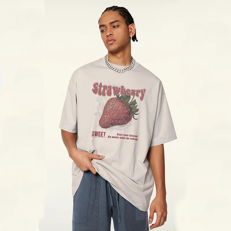 Huili Wholesale Men's Clothing 2024 Spring And Summer Loose Short Sleeve t T-shirt Strawberry Printed Unisex T-shirt