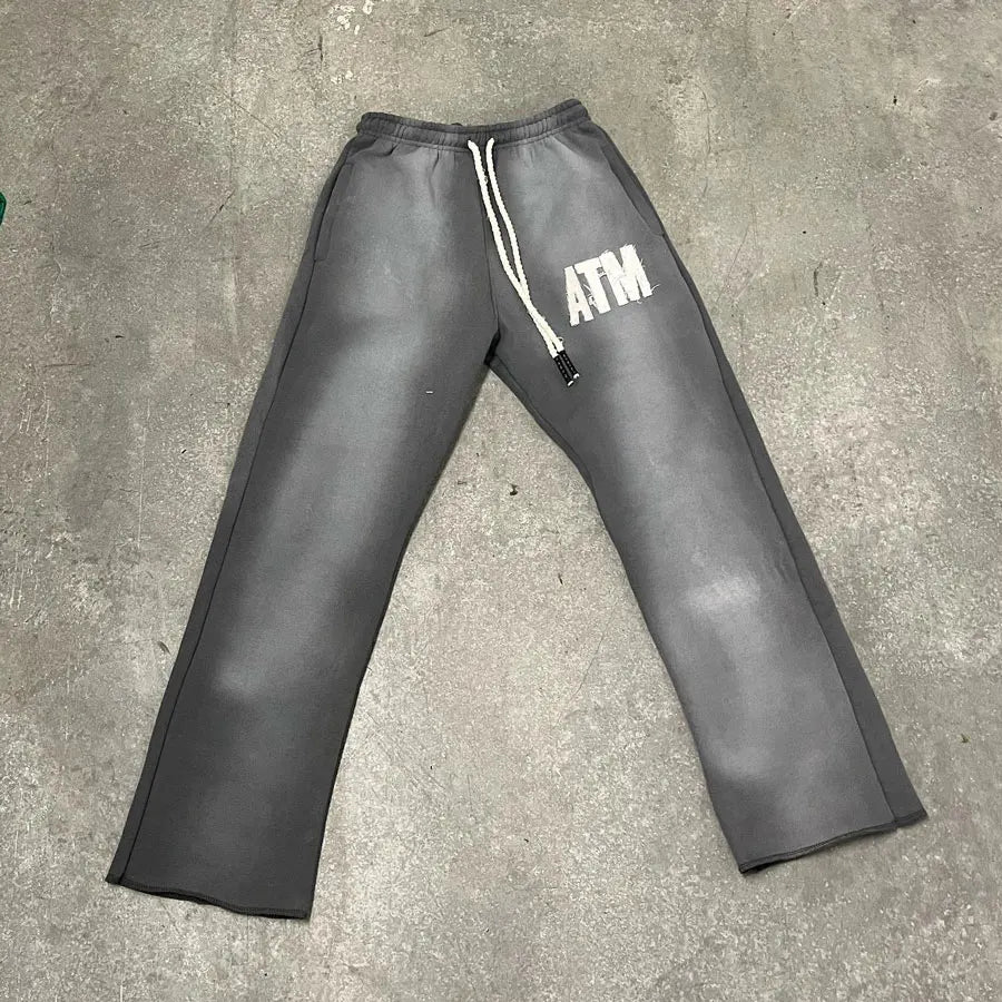 Huilin New Design Vintage Washed Sun Faded Heavyweight Cotton Sweat Pants Men Custom Applique Embroidery Logo Patched Sewatpants