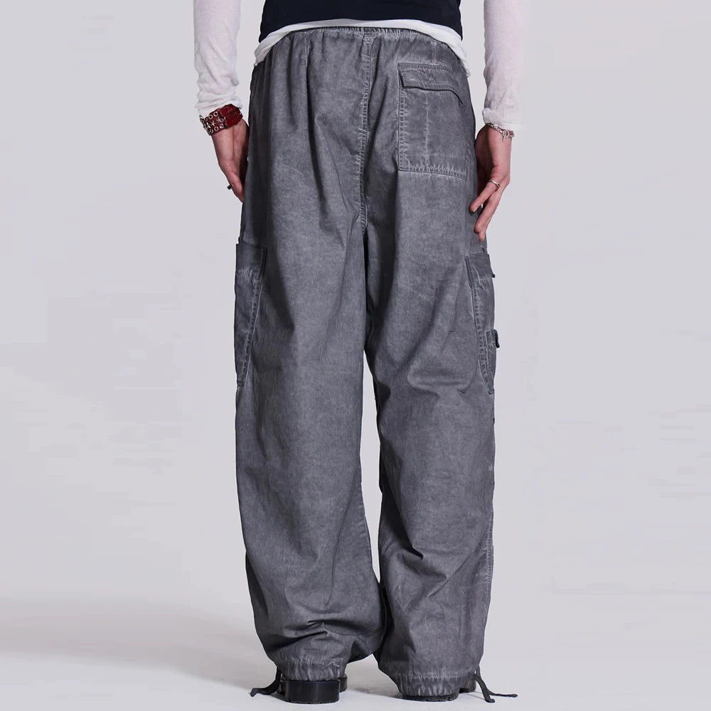 Huilin Manufacturer Wholesale Baggy Wide Leg Cargo Track Pants Men Custom Oil Washed Vintage Grey Oversized Parachute Pants