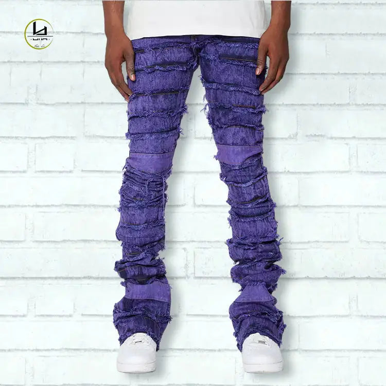 hot sales streetwear purple fashion men's jeans raw hem custom flare jeans extended stacked jeans men