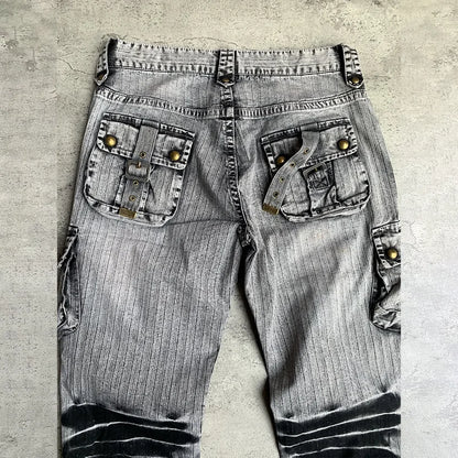 Wholesale Custom Gradient Metallic Studded Mid Rise Jeans Black Gray Pockets Vintage Wash Jeans Men