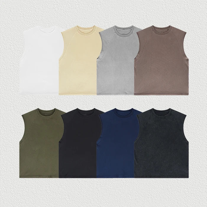 Huili Factory Hot Selling Summer Streetwear Blank Plain Sleeveless T-Shirt Custom Vintage Washed Men Heavy Cotton T Shirt