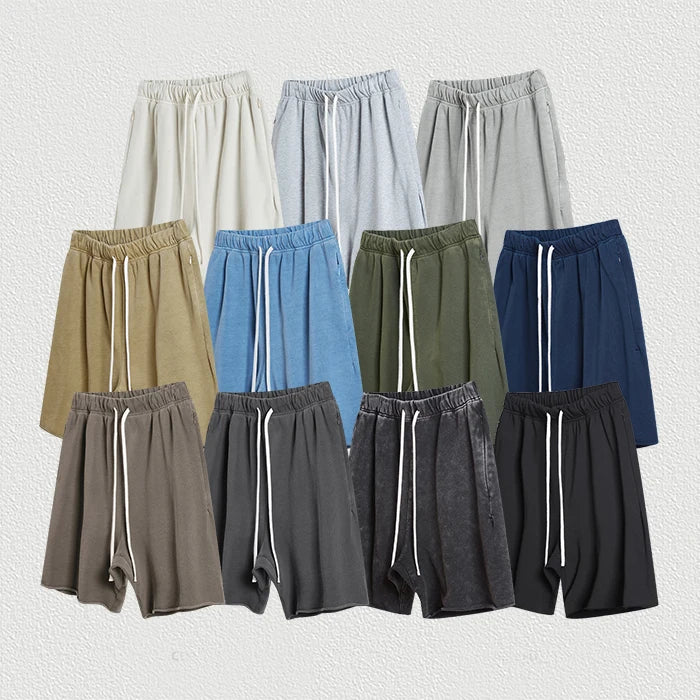 Huilin Oem Manufacturer New Custom High Street 100% Cotton Sweat Shorts Men Raw Hem Vintage Washed Shorts