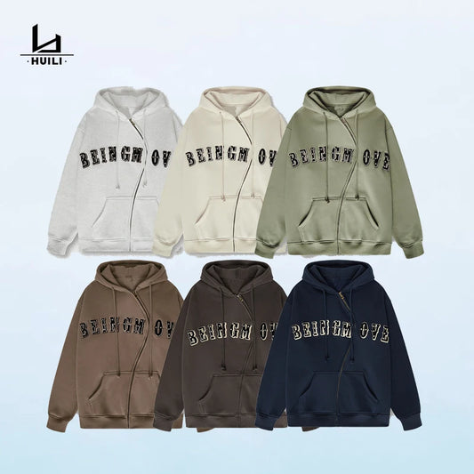 Huili Wholesale New Hoodies Autumn Winter Heavy Weight Towel Embroidery  S-type Zipper Sweatshirts Plus Size Men's Hoodies