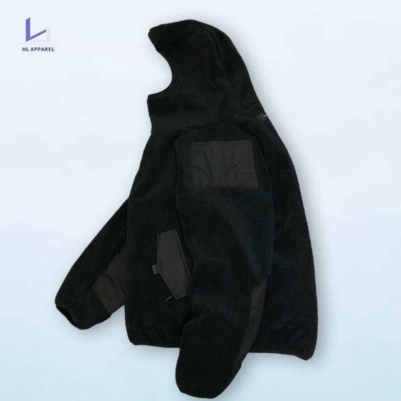 HL manufacturer wholesale heavyweight thick blank polar fleece hoodie custom logo winter no drawstring plain ninja sherpa hoodie