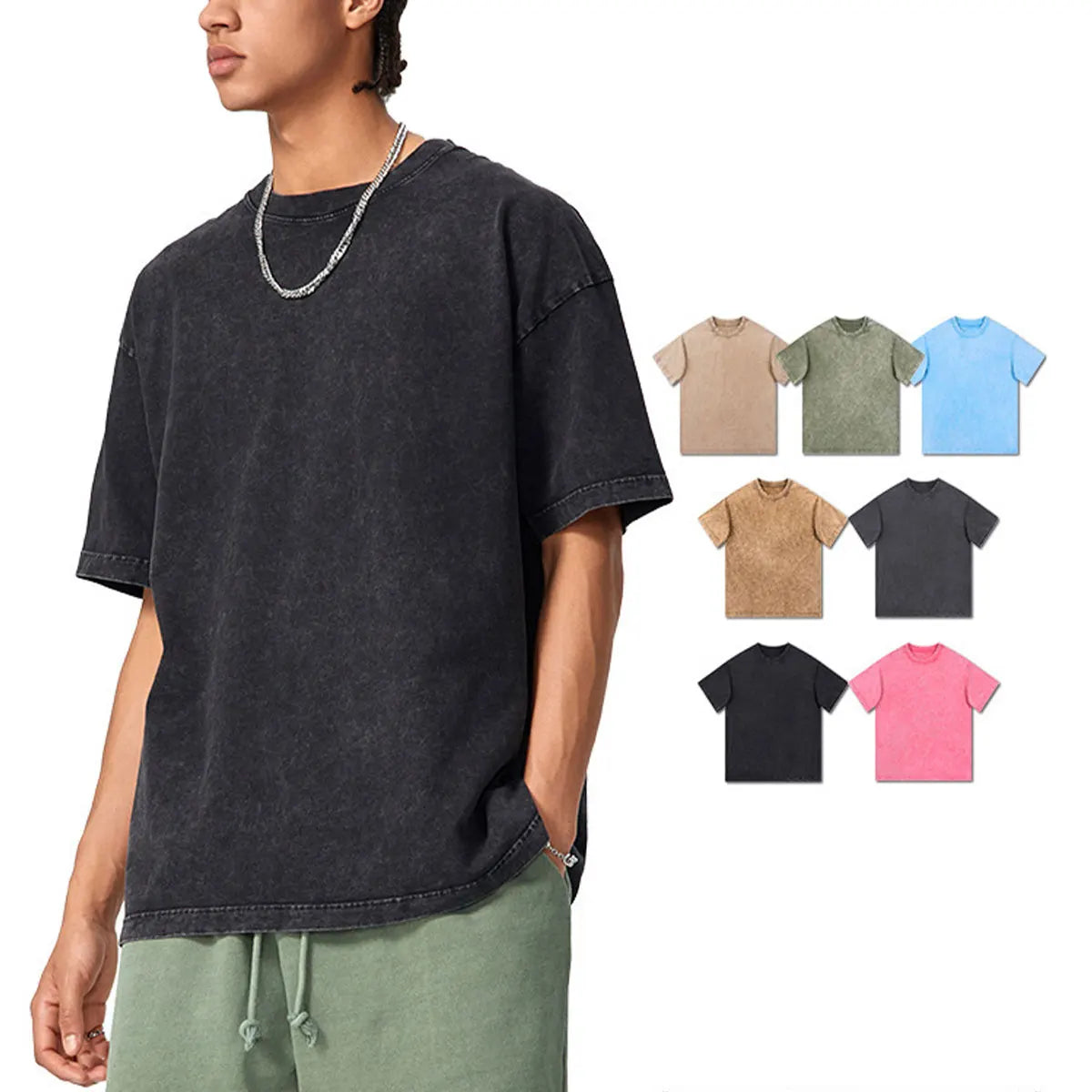 Heavyweight Cotton Supplier Low MOQ Acid Wash Garment Dye Blank Custom Print Casual Crewneck Tee