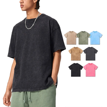 Heavyweight Cotton Supplier Low MOQ Acid Wash Garment Dye Blank Custom Print Casual Crewneck Tee
