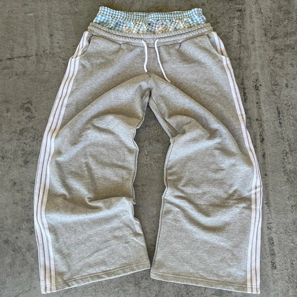 Huilin Oem Wholesale Winter Heavyweight Cotton Track Pants Men Custom Sunfaded Vintage Washed Striped Wide Leg Flared Sweatpants