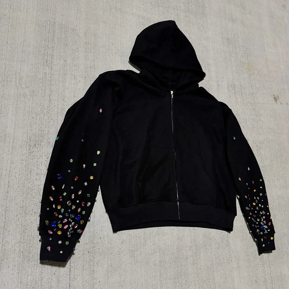 Manufacturer Oem Heavy Weight French Terry 100% Cotton Hoodies Custom Zip Up Men Gemstone Decorated Rhinestone Hoodie