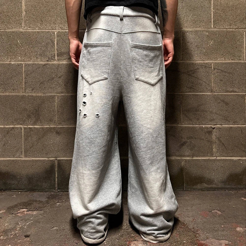 Huilin Oem Wholesale Distressed Washed Thick Cotton Track Pants Trousers Custom Baggy Wide Leg Men Vintage Sweatpants