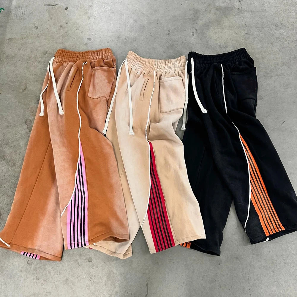 Huilin Oem Wholesale Winter Heavyweight Cotton Track Pants Men Custom Sunfaded Vintage Washed Striped Wide Leg Flared Sweatpants