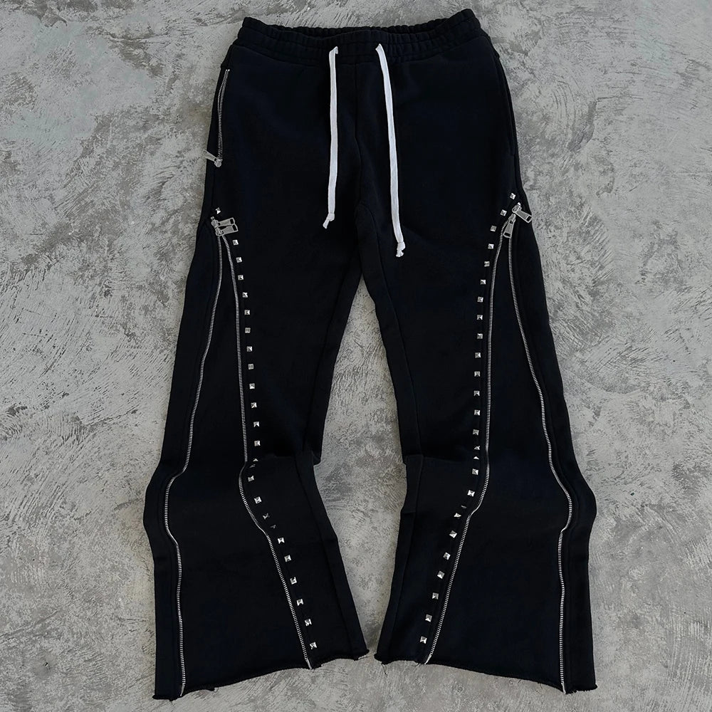 Huilin Vintage Washed Thick Cotton Streetwear Jogger Pants Custom Sun Faded Men Zipper Design Flared Leg Sweatpants