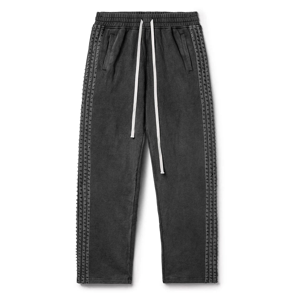 Factory High Quality Thick Cotton Straight Leg Track Pants Custom Vintage Wash Men Heavyweight Side Stripe Rhinestone Sweatpants