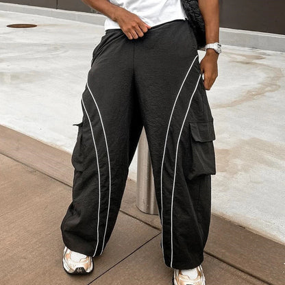 Basic Elastic Waist Nylon Streetwear Pants Men Custom Cargo Pockets Oversized Baggy Wide Leg Track Pants