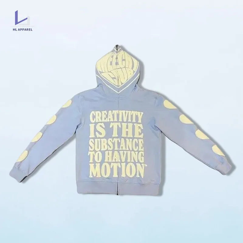 HL manufacturer wholesale full face zip 3D foam print unisex organic cotton full zip up jacket custom mens puff print hoodie