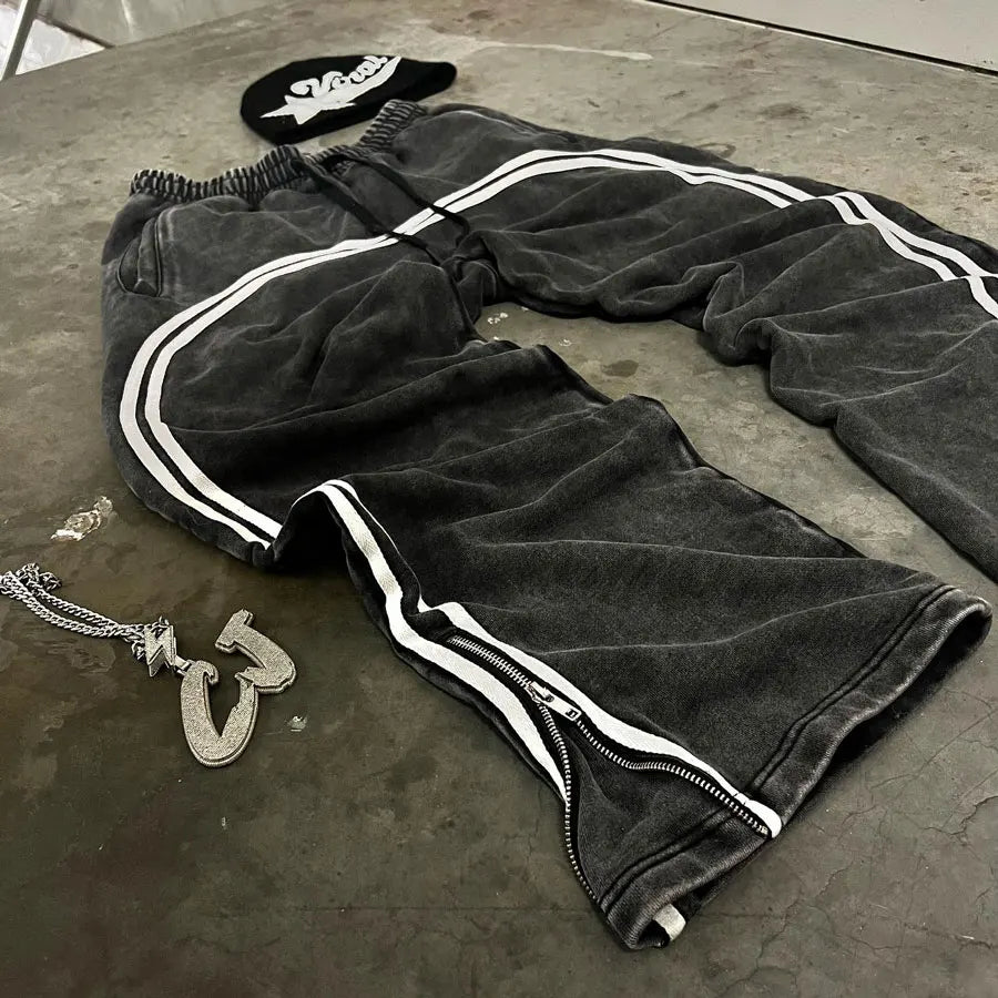 Huilin Oem Wholesale 100% Cotton Heavyweight Sweatpants Custom Zip Bottom Straight Leg Men Vintage Washed Striped Sweatpants