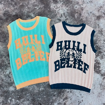 Basic Crew Neck Loose Fit Unisex Tshirts Custom Embroidery logo Men Crochet Knit Sleeveless Sweater T-shirt