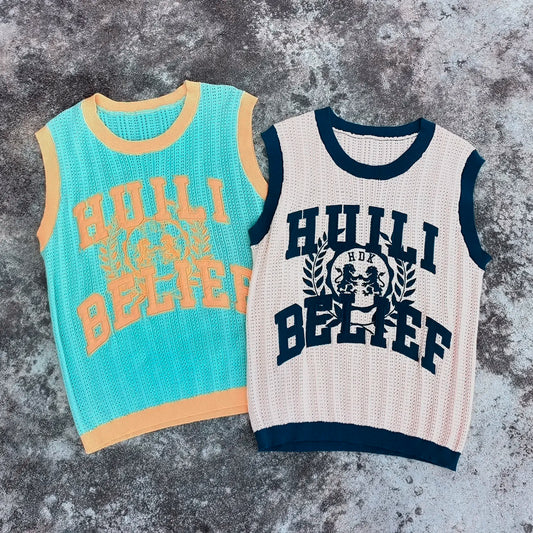 Basic Crew Neck Loose Fit Unisex Tshirts Custom Embroidery logo Men Crochet Knit Sleeveless Sweater T-shirt