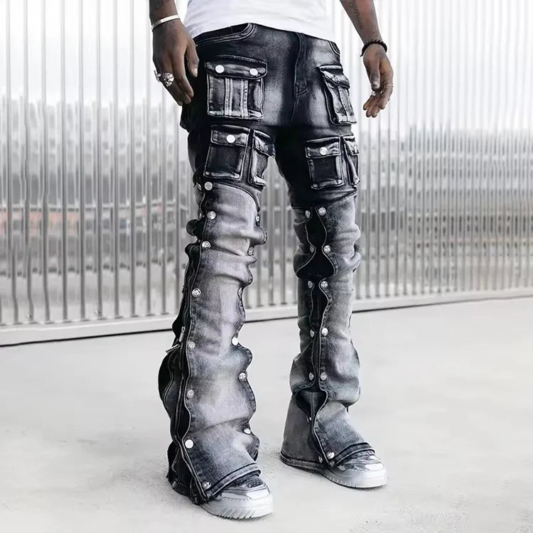 Straight Leg Pockets Cargo Pants Decorate Zipper Rivet Slim Fit Stacked Denim Pants Flare Street Style Premium Jeans