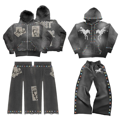 Factory Customized Vintage Washed Sunfaded Mens Tracksuit Sweatsuits Oem Rhinestone Two Piece Sweatpants Hoodie Sets