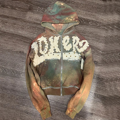 Oem High Quality Retro Washed Zip Up Hoodies Custom Oversized Fit Men Embroidery Logo Patched Rhinestone Vintage Hoodie