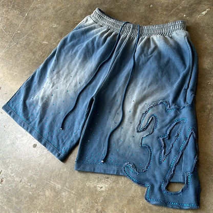 Streetwear Heavyweight Cotton Shorts Custom Vintage Washed Sun Faded Embroidery Logo Patched Rhinestone Sweat Shorts