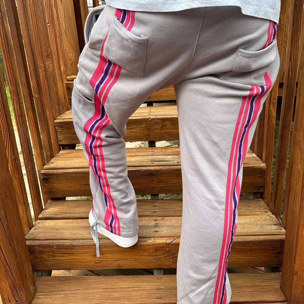 Huilin New Trend Heavyweight Cotton Straight Leg Pants Trousers Men Custom Striped Trimmed Side Drawstring Waist Sweatpants