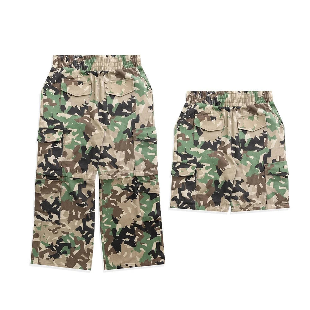 Huilin Factory Oem 100% Cotton Multi Pockets Cargo Pants Men Custom Allover Camo Patten Printed Convertible 2In1Cargo Pants