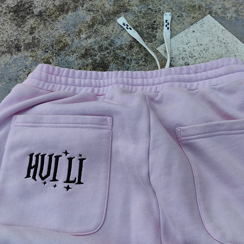 Huilin Embroidery Logo Heavyweight Cotton Sweat Pants Custom Sunfaded Washed Men Raw Hem Bottom Wide Leg Rhinestone Sweatpants