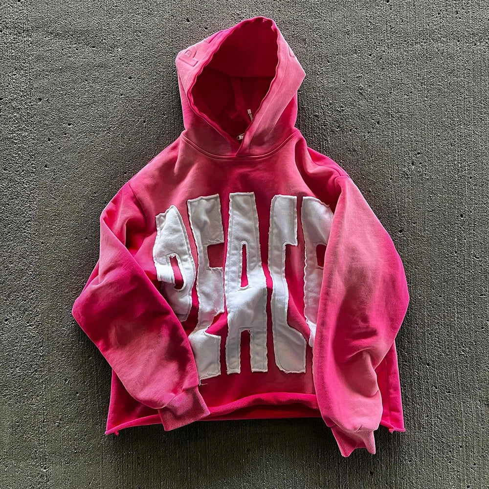 Oem Distressed Embroidery Logo Patched Pullover Hoodies Men Custom Embossed Sunfaded Washed Cropped Boxy Rhinestone Hoodie