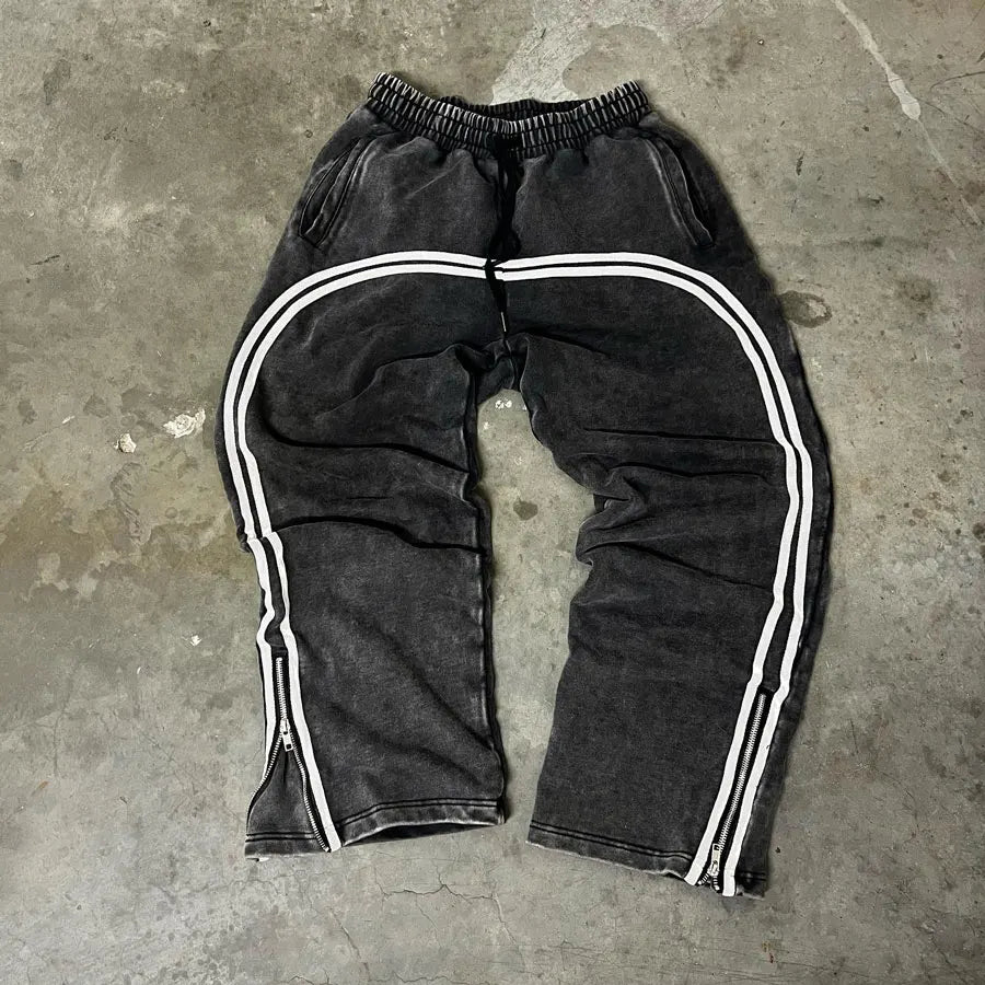 Oem Wholesale 100% Cotton Heavyweight Sweatpants Custom Zip Bottom Straight Leg Men Vintage Washed Striped Sweatpants