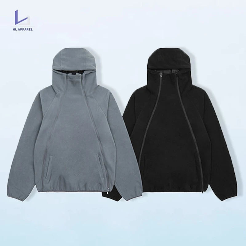 HL manufacturer wholesale new design double zip half face polar fleece plain blank hoodie full zip up hoodie with custom zipper