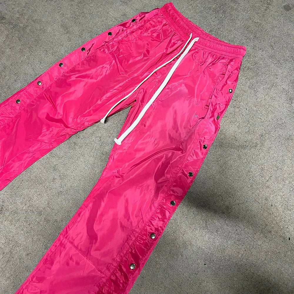 Solid Color Blank Streetwear Nylon Pants Elastic Waist Men Custom Snap Button Side Wide Leg Track Pants