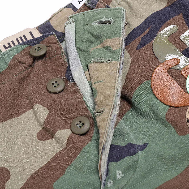 HL custom luxury sun faded cargo shorts 5 inch inseam manufacturer wholesale men applique vintage wash distressed camo shorts