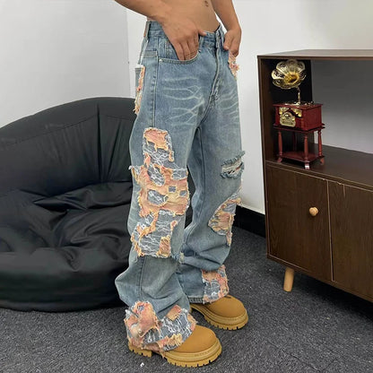 High Quality Street Fashion Styles Lace Distressed Patchwork Jeans Men Loose Fit RIpped Straight Leg Faded Lace Patched Jeans