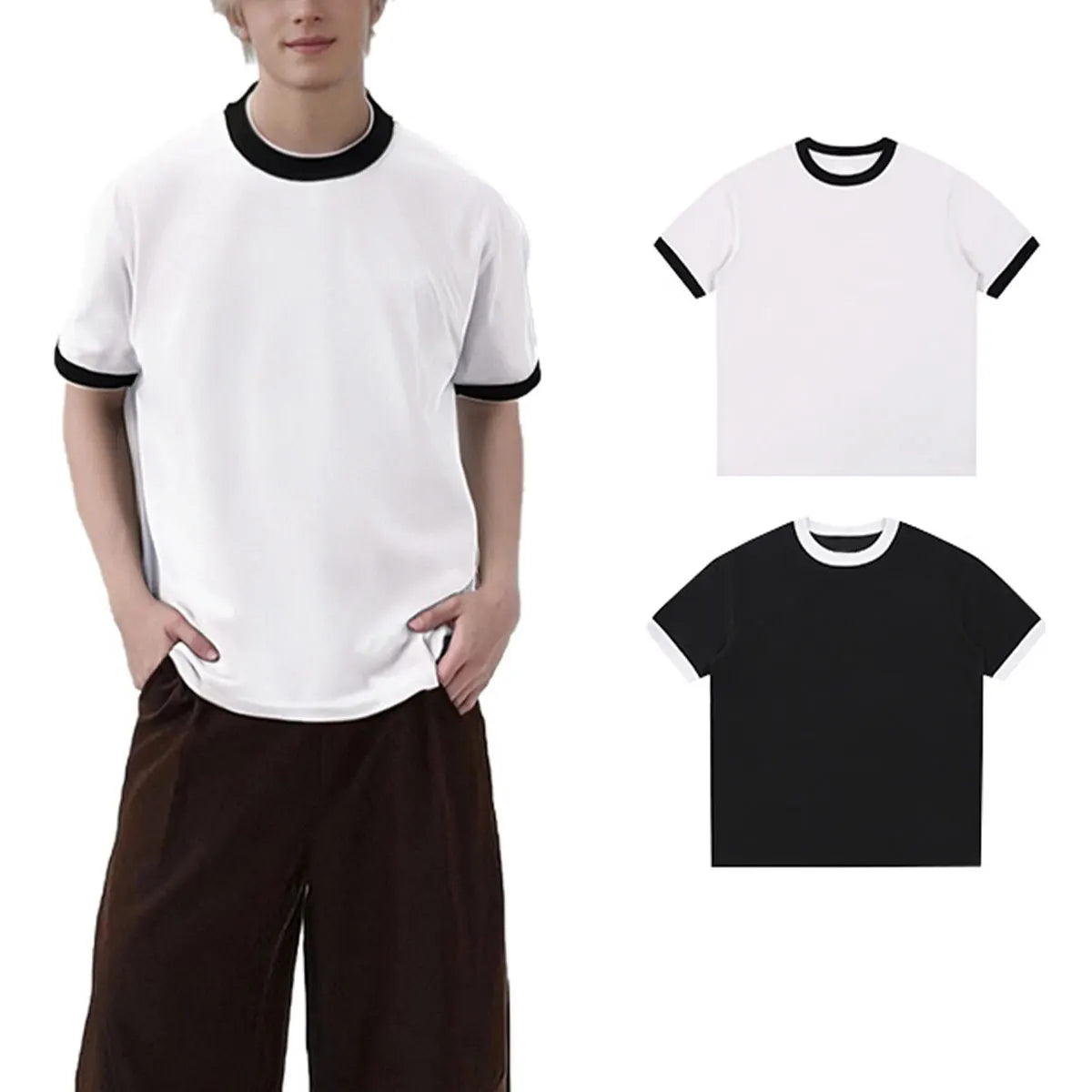 Streetwear Essential Supplier Low MOQ Vintage Classic Blank Custom Logo Mens Contrast Trim Crewneck Shirt