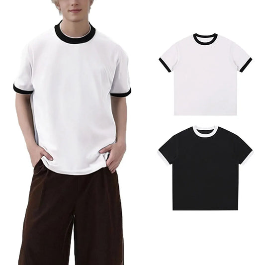 Streetwear Essential Supplier Low MOQ Vintage Classic Blank Custom Logo Mens Contrast Trim Crewneck Shirt