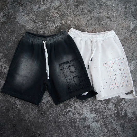 Huilin Custom Unisex Applique Logo Distressed Embroidery Shorts Pants Sunfaded Washed Men French Terry Rhinestone Sweat Shorts