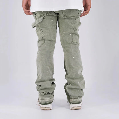 Men's Casual Denim Pants Custom Designer Style Carpenter Jeans Green Slim Fit Stack Flare Jeans Men