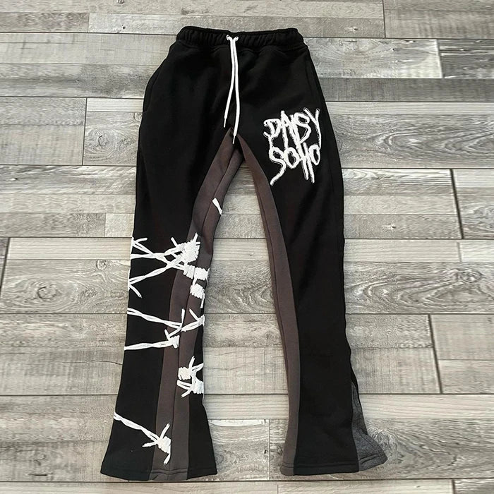 HUILIN factory custom Logo fleece joggers sweatpants 100% cotton 3D Puff Print french terry baggy stacked flare sweat pants men