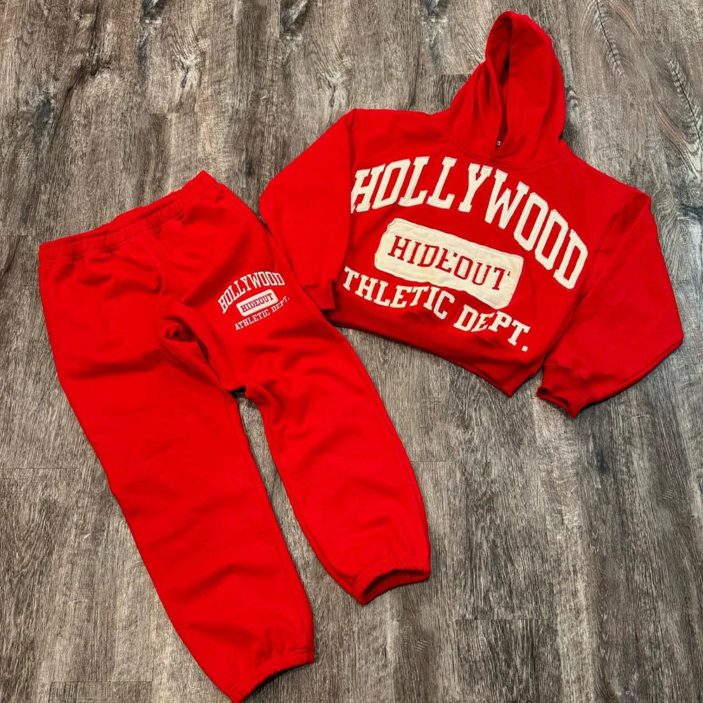 Huilin Manufacturer Custom Embroidery Patched Thick Cotton Streetwear Tracksuit Set Men Two Piece Hoodie Sweatpants Sets